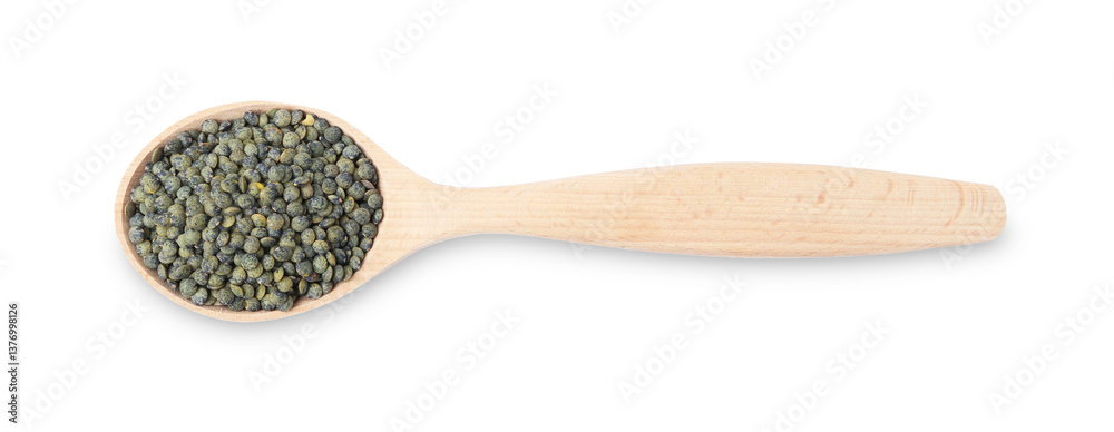 Raw lentils in wooden spoon isolated on white, top view Raw lentils in wooden spoon isolated on white, top view