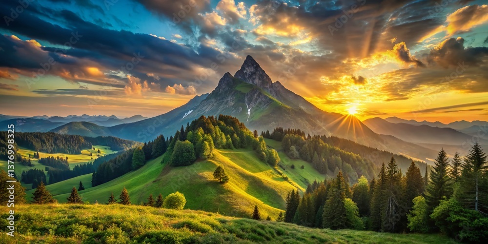 Majestic Mountain Peak Sunrise, Golden Hour Nature Landscape Photography