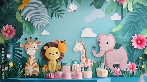 Fototapeta Naklejka Na Ścianę i Meble -  Papercut jungle celebration with charming animals and birthday cakes display
