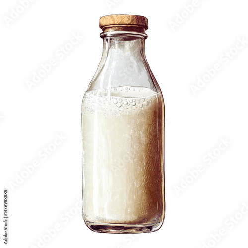 Bottle of milk with corked cap on a wooden surface in a bright kitchen setting