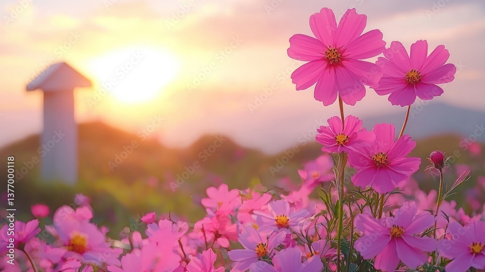 Vibrant pink cosmos flowers bloom at sunset, creating a picturesque scene against a backdrop of rolling hills Vibrant pink cosmos flowers bloom at sunset, creating a picturesque scene against a backdrop of rolling hills