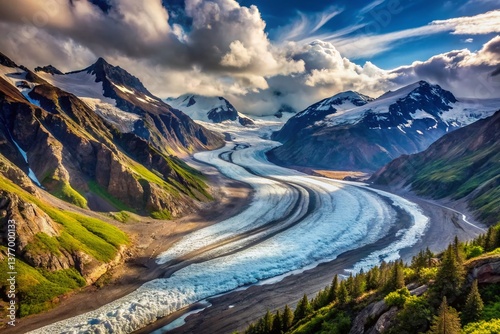 Majestic Salmon Glacier Flowing Between Boundary Ranges, British Columbia & Alaska