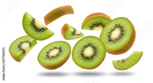 Vibrant green kiwi slices float on a white background, showcasing their juicy interior and inviting a taste of refreshing sweetness.