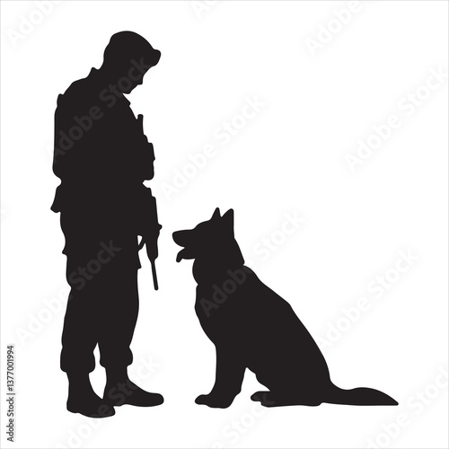 Military Soldier and German Shepherd Silhouette - K9 Loyalty and Service