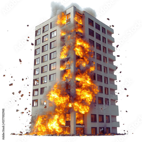Fire burning in a building causing smoke and flames during emergency response situation