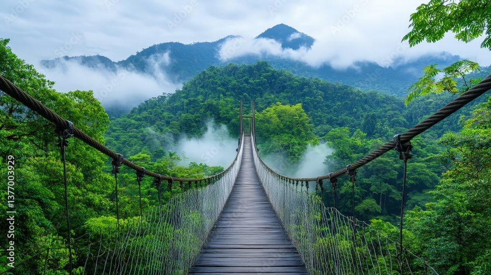 Obraz premium A scenic suspended bridge leads through lush green forests, connecting two sides of a mountainous landscape shrouded in mist.