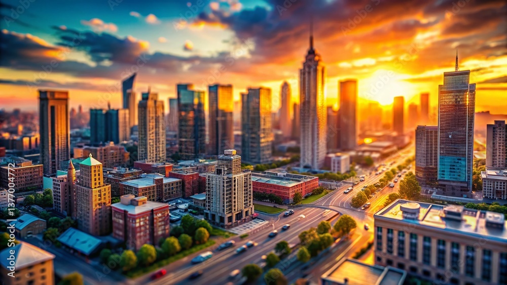 Fototapeta premium Miniature Cityscape: Tilt-Shift View of Modern Architecture at Sunset