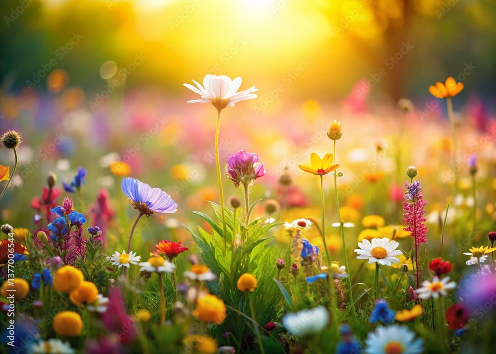 Fototapeta premium Miniature Spring Meadow: Vibrant Wildflowers in a Sunlit Field