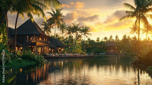 Tropical resort at sunset with wooden villas by a calm lake. Lush vegetation, palm trees, and golden light.
