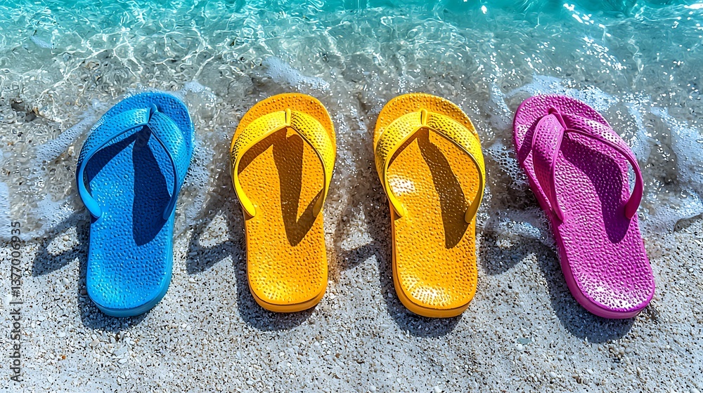 Naklejka premium Colorful Flip Flops on Sandy Beach Vacation Summer Travel