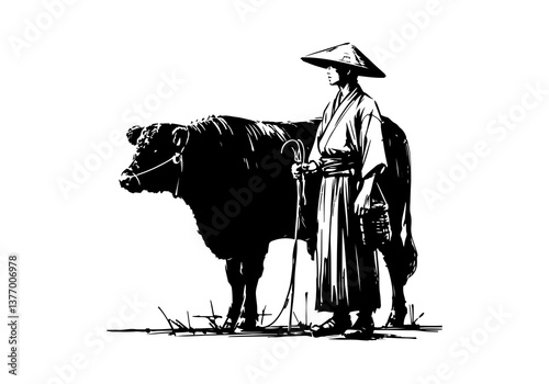 Japanese Black wagyu cattle hand drawn vector illustration