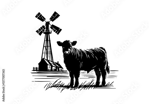 Japanese Black wagyu cattle hand drawn vector illustration