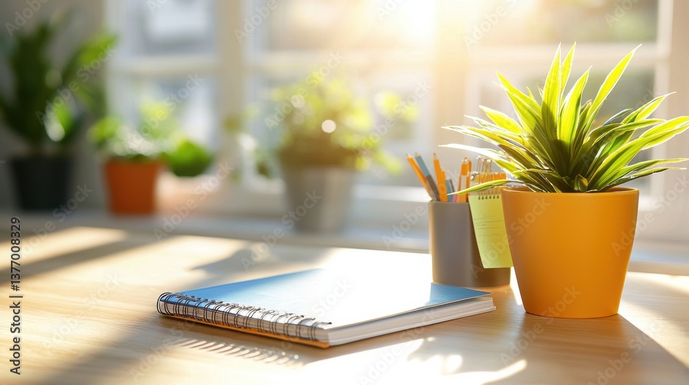 A spacious and well-lit home office desk with a hardcover book, laptop, and other organized stationery, creating a peaceful and productive workspace.