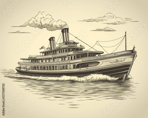 Vintage steamboat sailing on calm waters, emitting steam from its stacks, detailed drawing