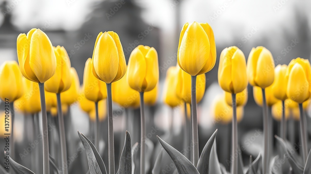 Obraz premium Yellow Tulips Bloom in Garden, Grey Background. Bright Flowers