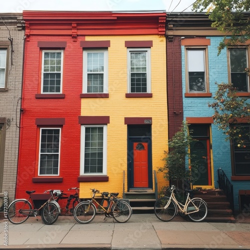 Vibrant row of colorful houses with parked bicycles. (1)