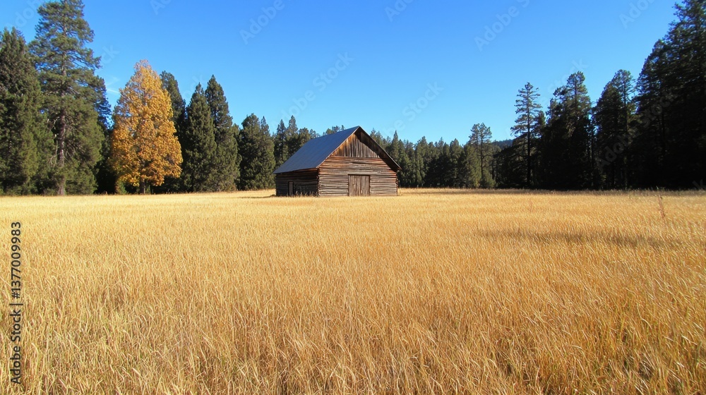 Obraz premium Rustic wooden barn in a golden field.