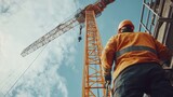 A construction worker inspecting a crane before use. Featuring caution and thoroughness