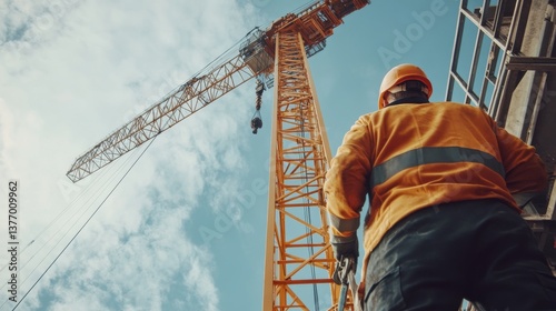 A construction worker inspecting a crane before use. Featuring caution and thoroughness