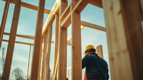 A construction worker inspecting a wooden frame structure. Featuring care and skill