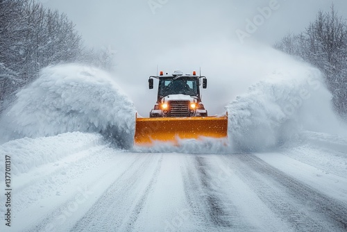Snow Plow Clearing Runway During Blizzard Winter Storm