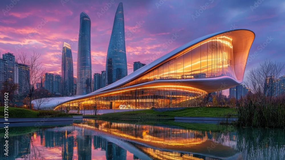 Obraz premium Towering glass and steel skyscrapers rise against a vibrant sky their impressive forms reflected in the calm waters of a serene park lake at a stunning sunset