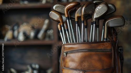 Vintage golf clubs in a leather golf bag.