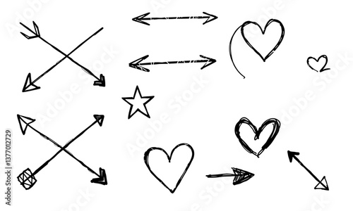 Hand drawn symbols featuring arrows, hearts, and stars create playful and whimsical design. These elements can be used for various creative projects, adding unique touch to any artwork
