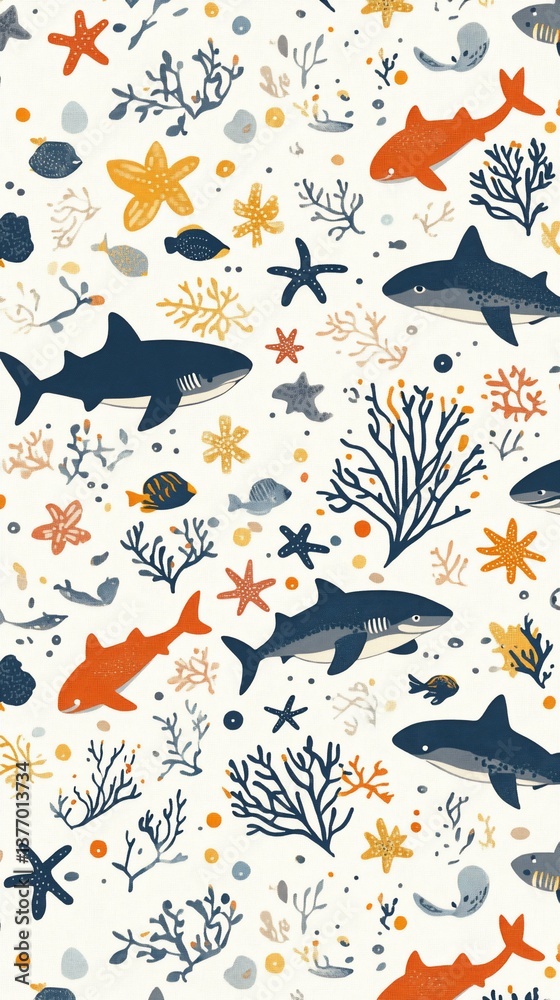 Obraz premium Underwater scene sharks, starfish, coral, fish, and shells on a light background