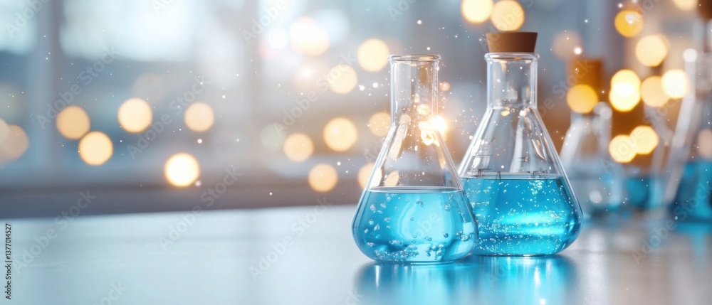 A well-organized laboratory workspace with a bench filled with various scientific glassware, beakers, and containers for conducting experiments and research. A well-organized laboratory workspace with a bench filled with various scientific glassware, beakers, and containers for conducting experiments and research.