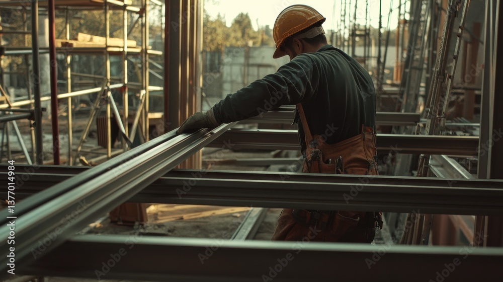 A construction worker installing a metal frame at a building site. Featuring strength and skill