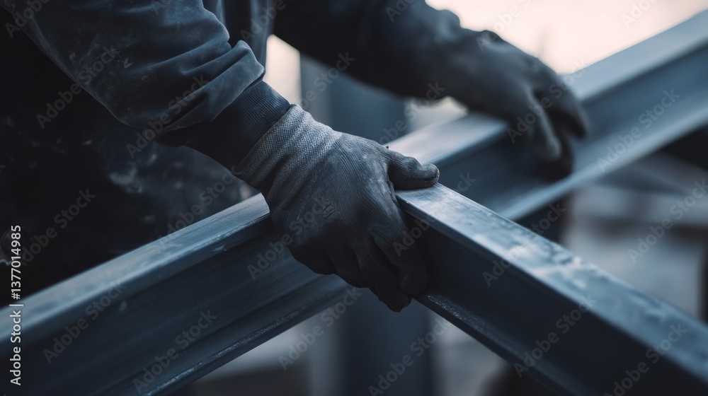 A construction worker installing a metal frame for a building structure. Featuring skill and teamwork A construction worker installing a metal frame for a building structure. Featuring skill and teamwork