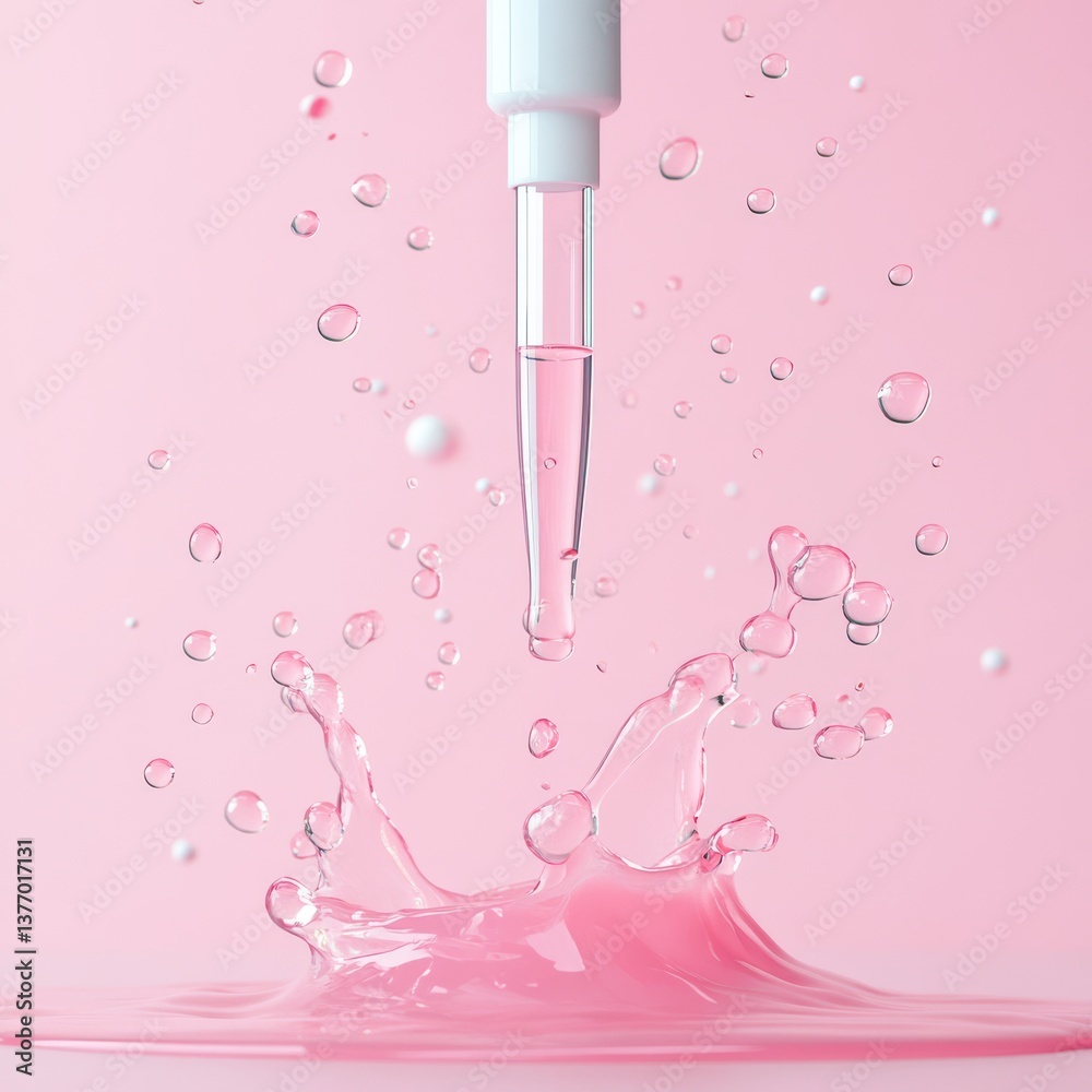 Mischievous animated pipette splashing pink liquid studio digital art creative environment close-up view fun concept Mischievous animated pipette splashing pink liquid studio digital art creative environment close-up view fun concept