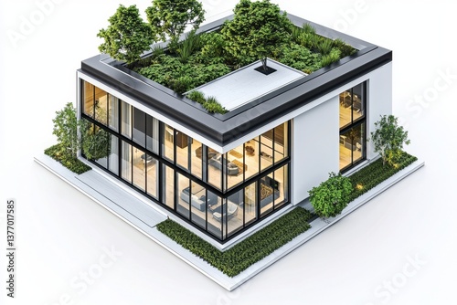 Modern contemporary minimalist urban,squar, apartment building rooftop garden isometric architectural design. photo