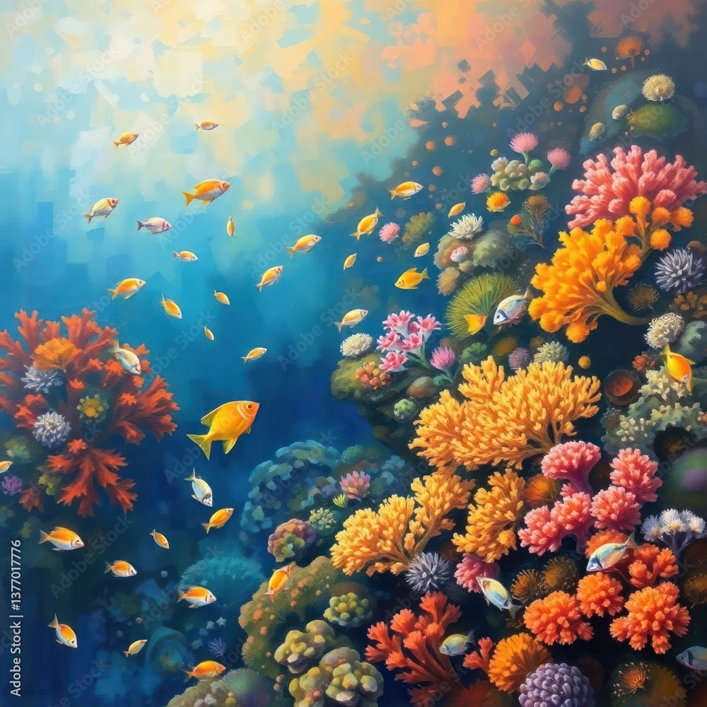 Fototapeta premium Vibrant Coral Reef with Fish Swimming in a Blue Ocean Scene