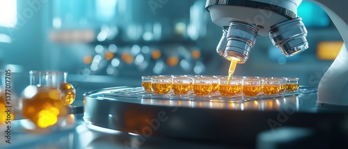 A futuristic, neon-lit biomedical laboratory featuring a robotic pipette and advanced scientific equipment, creating an innovative and high-tech working environment.