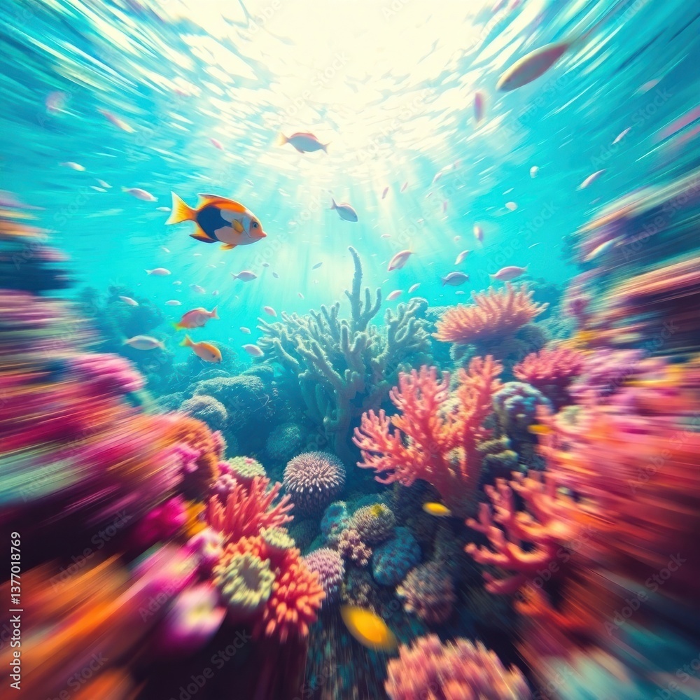 Fototapeta premium Colorful Coral Reef with Tropical Fish Underwater Scene and Clear Water