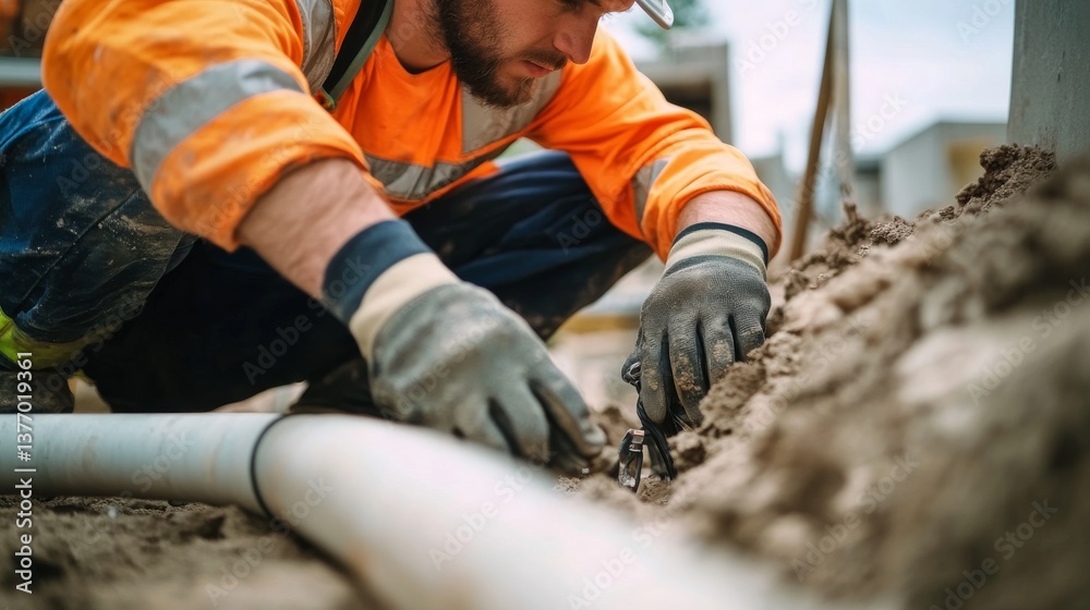 A construction worker installing electrical conduit. Featuring focus and precision A construction worker installing electrical conduit. Featuring focus and precision