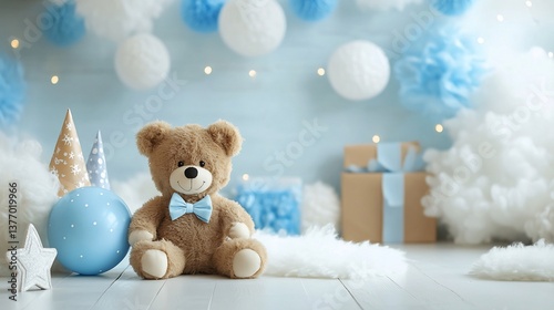 Gentle blue-themed celebration backdrop featuring a plush teddy bear