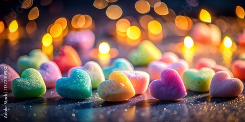 Night Photography: Pastel Heart-Shaped Candies Glowing in the Dark