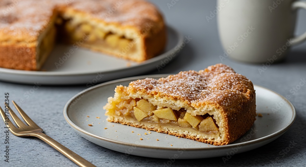 Serving of Delicious Apple Pie on a Plate with Coffee Nearby Serving of Delicious Apple Pie on a Plate with Coffee Nearby