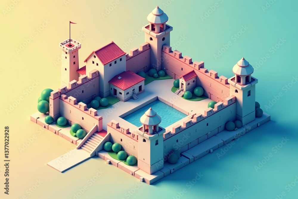 Naklejka premium Abstract geometric prison building with watchtowers and walls in isometric style, isometric, illustration, design