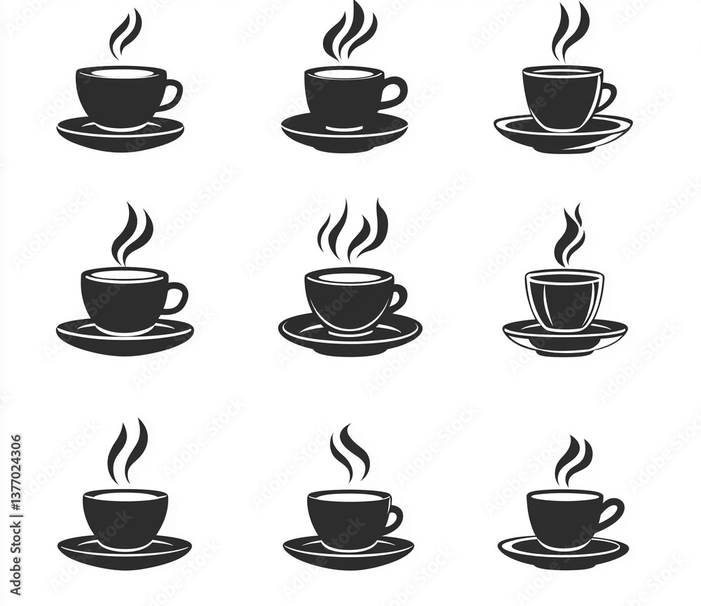 Collection of coffee cup illustrations featuring steaming mugs on saucers with various designs, perfect for cafe themes and beverage-related crafts Collection of coffee cup illustrations featuring steaming mugs on saucers with various designs, perfect for cafe themes and beverage-related crafts