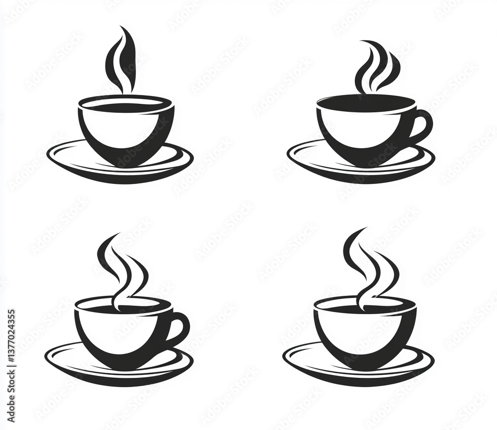 Black and white stylized images of steaming coffee cups on saucers arranged in a grid format representing a cozy coffee atmosphere, perfect for café or kitchen decor