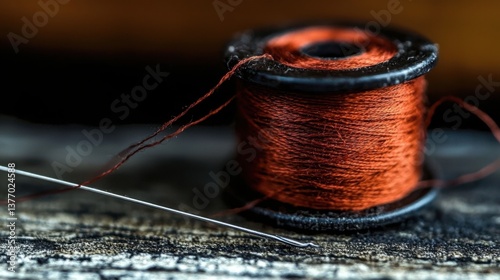 Close-up of a spool of orange thread with a needle.