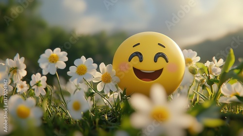 Happy emoji amidst a field of daisies. Sunlight shines on a cheerful yellow emoji surrounded by white daisies in a grassy field.