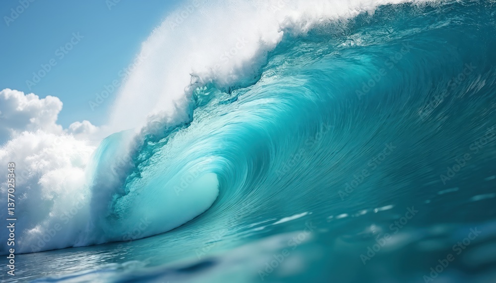Obraz premium Stunning blue ocean wave with white foam, sky, clouds. Powerful swell, crashing into shore. Surfing paradise, extreme water sports adventure at beach. Tube wave barrel, summertime leisure, tropical