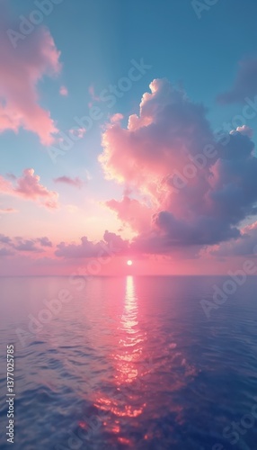 Sunset over ocean with pink blue clouds. Sun reflects on water. Sky, horizon, water create tranquil scene, evoke peaceful mood. Nature, beauty, landscape, seascape, ideal for travel, vacation.