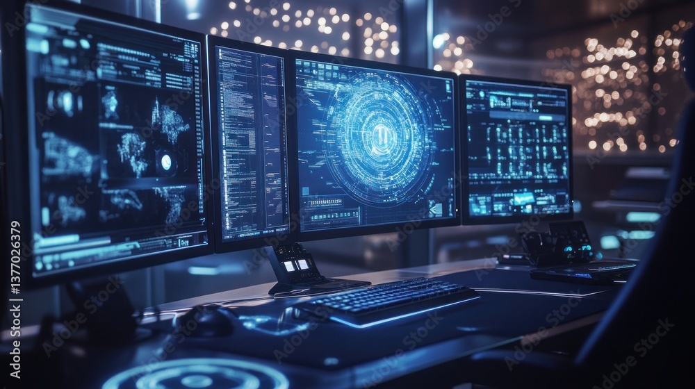 Analyzing Data on Multiple Computer Screens in a Dark Futuristic Room Analyzing Data on Multiple Computer Screens in a Dark Futuristic Room