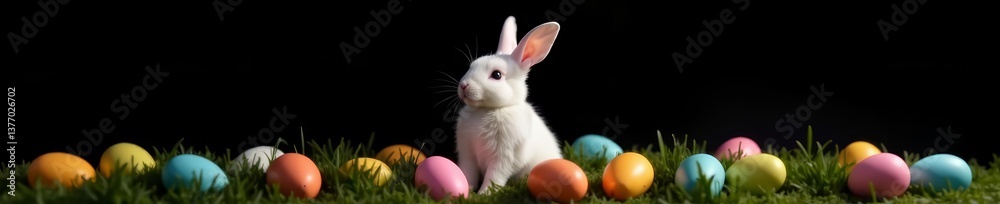 Obraz premium Adorable white bunny with colorful Easter eggs, black background, black background, eggs, cute